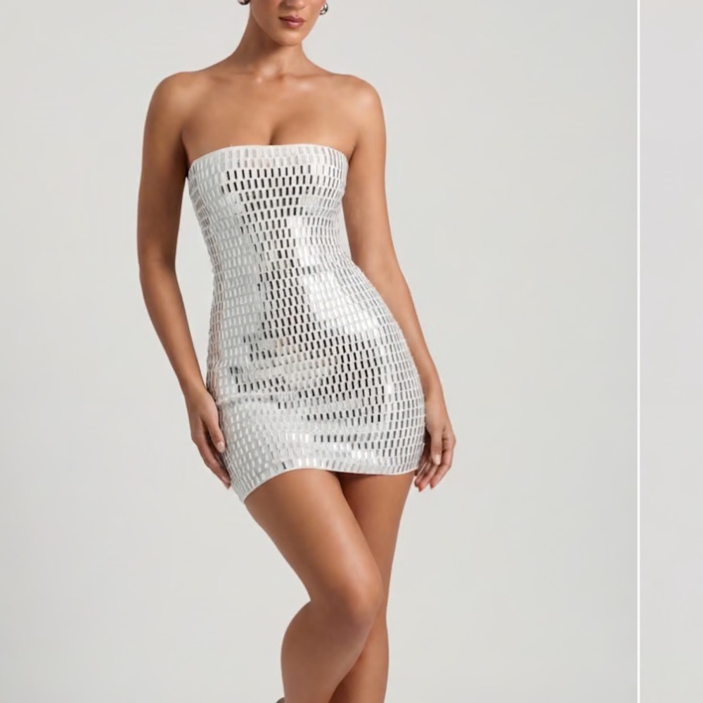 Oh Polly Aurora Embellished Bandeau Mini Dress in White